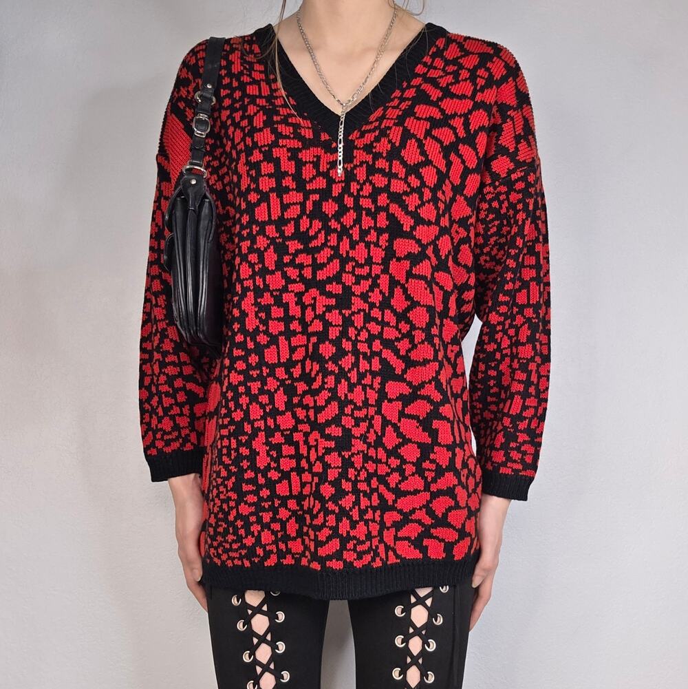 Vintage 90s Red Black Gothic Knit Sweater V Neck Grunge Oversized Small Goth